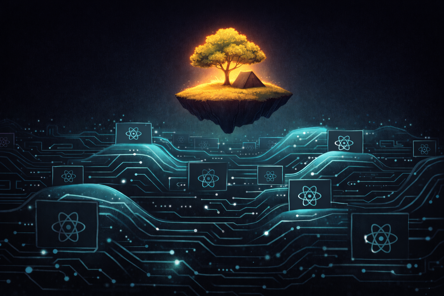 A small island floating above a chaotic sea of interconnected components, representing an isolated piece of state protected from the surrounding system.